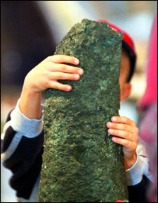 child examining stone at the Harvard Museum of Natural