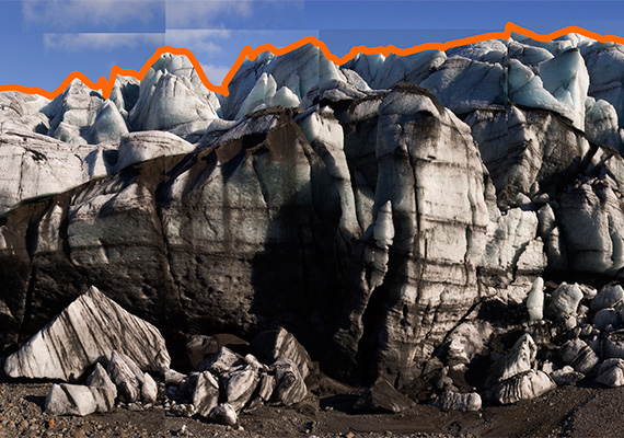 The Solheim Glacier in Iceland in April 2006, with a line showing its size.