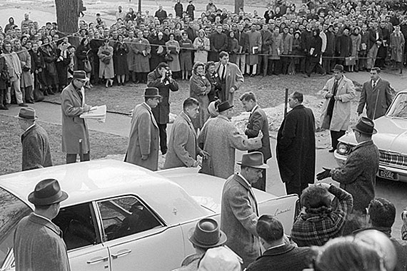 Kennedy was photographed as he arrived to attend a Harvard Board of Overseers meeting on  Jan. 9, 1961, less than two weeks before he was to be inaugurated as president.