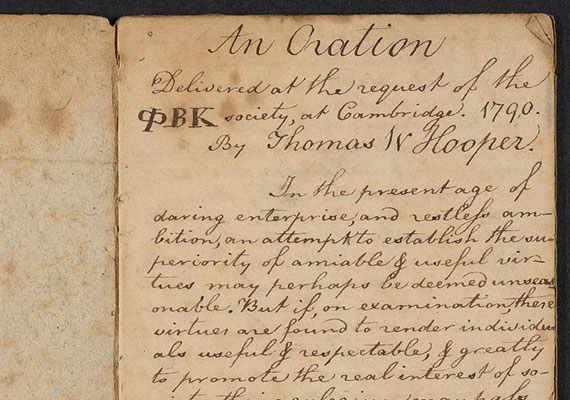 The 1790 Phi Beta Kappa Oration by Thomas W. Hooper (1771-1816), who defined the post-Revolutionary American age as one of “daring, enterprise and restless ambition.”