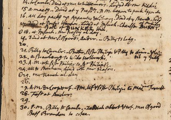 On June 16, 1775, Winthrop “all day packg up Apparatus and Library” for the move to Concord. On June 17, after noting his dining and lodging arrangements, he records “Charlestown BURNT. Batt of BUNKER Hill.”