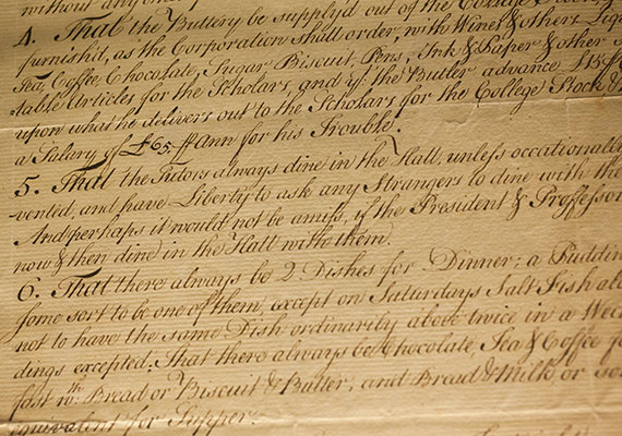 A detail from College Commons records, 1765-1829, one of the Harvard artifacts on display in “Dining and Discontentment.”