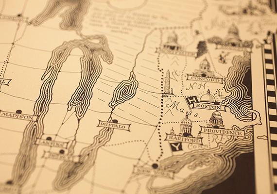 Ernest Dudley Chase's satirical "The United States as viewed by California (Very Unofficial)" puts Harvard on the map. Photos by Stephanie Mitchell/Harvard Staff Photographer