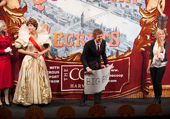 Three queens, played by Karl Kopczynski '15 (not pictured), Max McGillivray '15 (left), and Alex Willis '14, got things rolling as Bobby Flitsch portrayed Tony Blair. Mirren equally enjoyed the British humor. Stephanie Mitchell/Harvard Staff Photograher