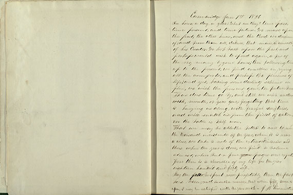 A page from an 1856 diary kept by John Marshall Vanmeter (1836-1925) while a student at Harvard Law School. For fun, he played the violin, watched ice harvesting at Fresh Pond, and — on one occasion — walked along Washington Street hoping “to see a pretty girl’s face.”
