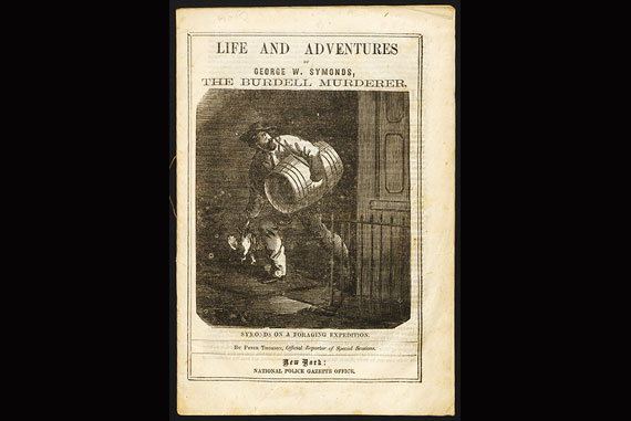 A page from a copiously illustrated 1863 life story of George W. Symonds. Among crimes attributed to the Portsmouth, N.H., native were arson, forgery, rape, and murder.