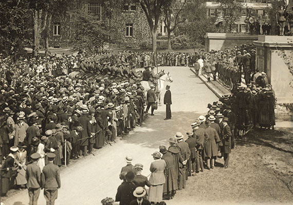 Gen. John J. “Black Jack” Pershing, who led the American Expeditionary Forces, visited Widener Library on May 30, 1920 — Memorial Day — to view the Roll of Honor, the collected photos of Harvard’s war dead. Courtesy of Harvard University Archives