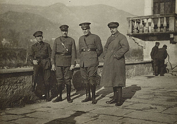 Red Cross medical volunteers, all Harvard men, in France, 1918. Capt. George Utasny 1898 (from left), Maj. Guy Lowell 1892, Lt. Col. Robert P. Perkins 1884, Capt. Robert W. Bates 1911. Courtesy of Harvard University Archives