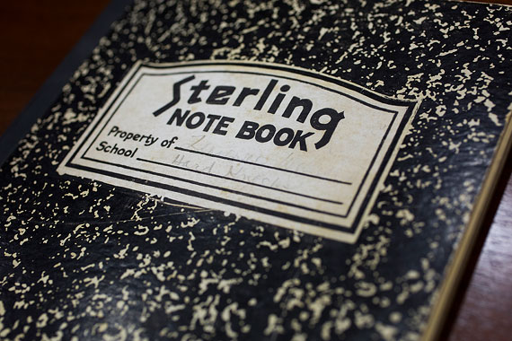 A personal journal kept by Tennessee Williams is part of Houghton Library’s holdings. Next to the world school on the journal’s cover, Williams wrote “hard knocks.”