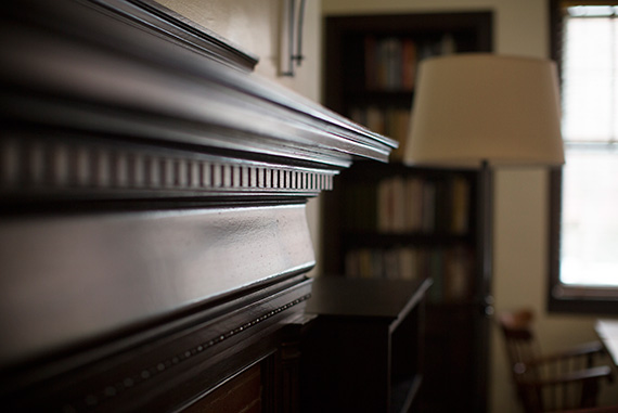 A close-up of the mantle in Adams House’s Seamus Heaney suite, which administrators, faculty, and students helped transform into a quiet, reflective space in honor of the late poet.