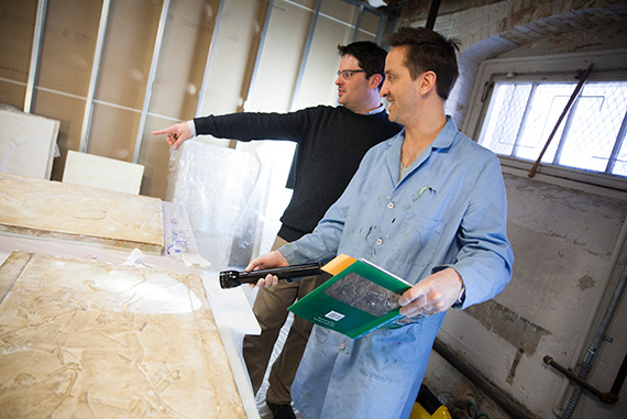 Gojko Barjamovic (left), who teaches “Ancient Near East 103: Ancient Lives,” and Adam Aja, assistant curator of collections at the Harvard Semitic Museum, discuss the project. Photos by Stephanie Mitchell/Harvard Staff Photographer