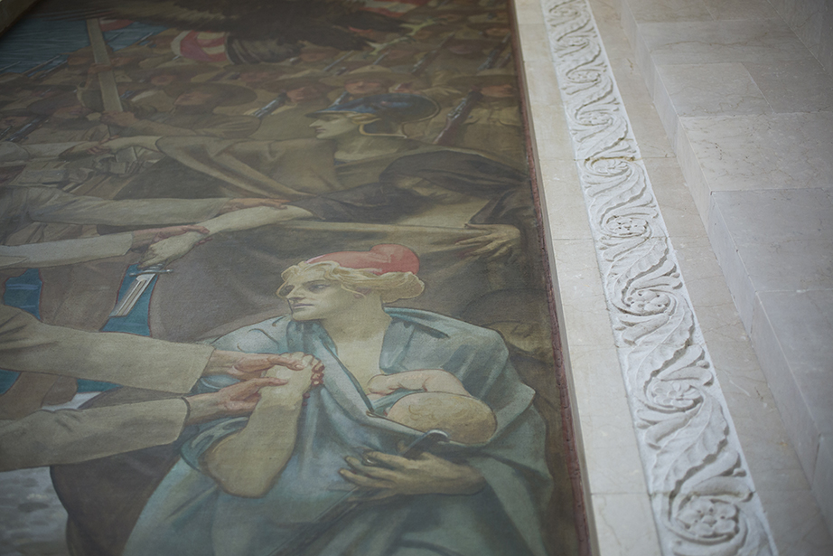 A detail from “Entering the War, 1922,” one of two patriotic murals by John Singer Sargent occupying the grand staircase.