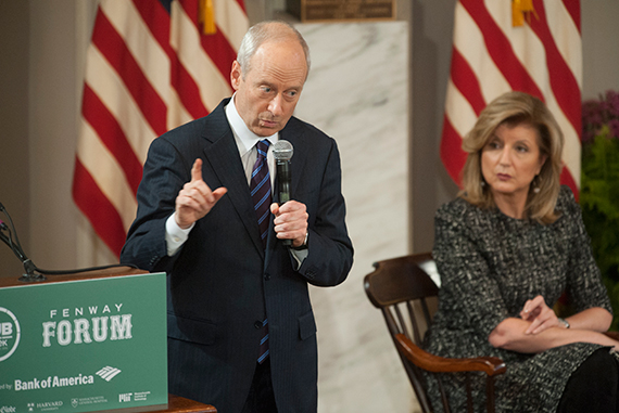 Sandel posed a series of provocative questions about technology and ethics to a star-studded panel, including Arianna Huffington, editor in chief and namesake of the Huffington Post. Jon Chase/Harvard Staff Photographer