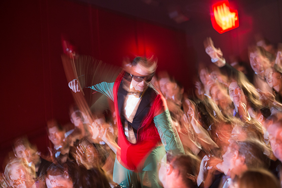 Gordon-Levitt darted into the crowd, climbing into the audience to wild chants of “Robin! Robin!” Jon Chase/Harvard Staff Photographer
