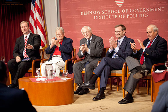 During "A Conversation with Former IOP Directors" in September 2011, moderator Trey Grayson (from left), director of the Institute of Politics; Jonathan Moore, associate of the Shorenstein Center; Jim Leach, chairman of the National Endowment for the Humanities; Phil Sharp, president of Resources for the Future; Dan Glickman, executive director of the Aspen Institute Congressional Program; and U.S. Sen. Jeanne Shaheen (via videolink) speak inside the John F. Kennedy Jr. Forum. Kris Snibbe/Harvard Staff Photographer