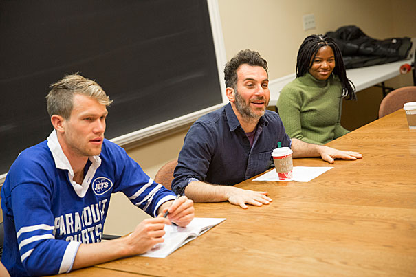 A new TV pilot workshop is taught by Sam Marks, (center) Briggs Copeland Lecturer on English inside the Barker Center. On the right is Zindzi Hammond-Hanson '19, on the left is Sam Hardy '18. The Creative Writing Program is growing, poised to overtake English literature as area in which the majority of creative senior theses are written. Kris Snibbe/Harvard Staff Photographer