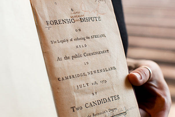 A printed copy of the Theodore Parsons and Eliphalet Pearson debate on slavery held at their Commencement in 1773. Photos by Rose Lincoln/Harvard Staff Photographer