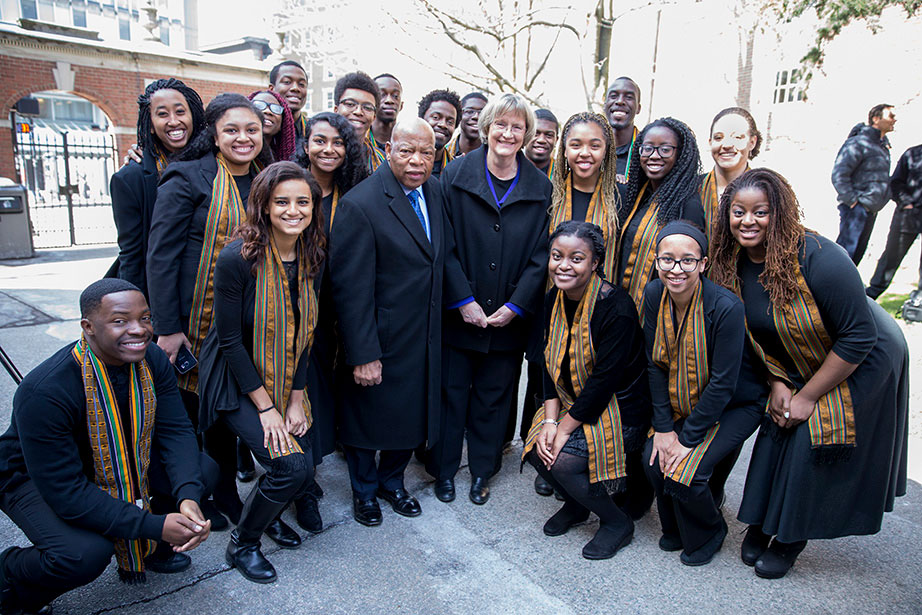 U.S. Rep. John Lewis and President Faust with the Harvard Kuumba Singers