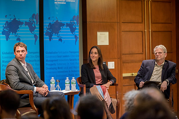 Kennedy School graduates Guillaume Liegey (left) and Brune Poirson discuss their experience guiding Emmanuel Macron to victory just weeks after graduating. Arthur Goldhammer (right) also participated in the event. Kris Snibbe/Harvard Staff Photographer