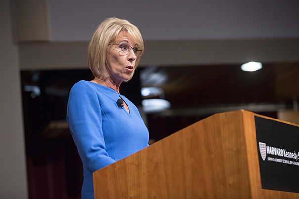 U.S. Secretary of Education Betsy DeVos speaks on the topic of school choice at a JFK Jr. Forum.