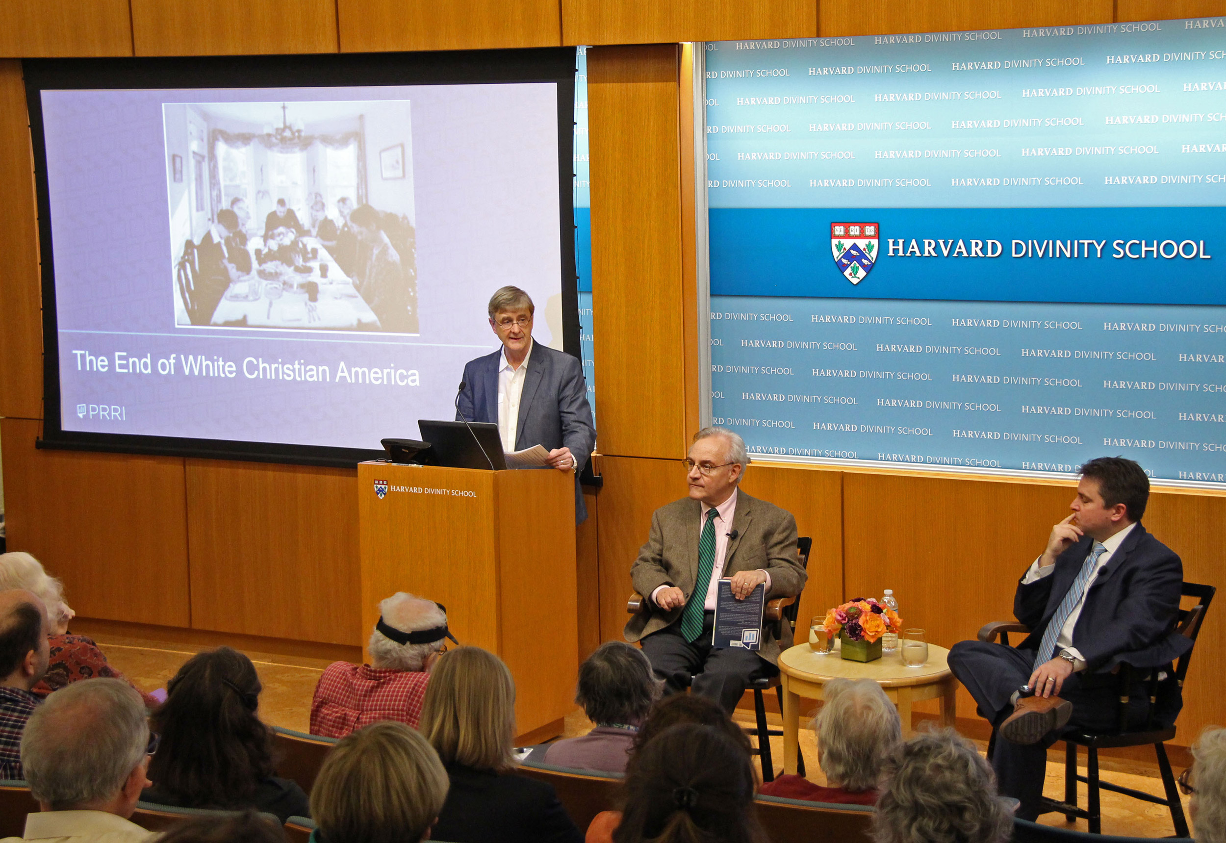 HDS Dean David N. Hempton (from left) with E.J. Dionne, Robert P. Jones.