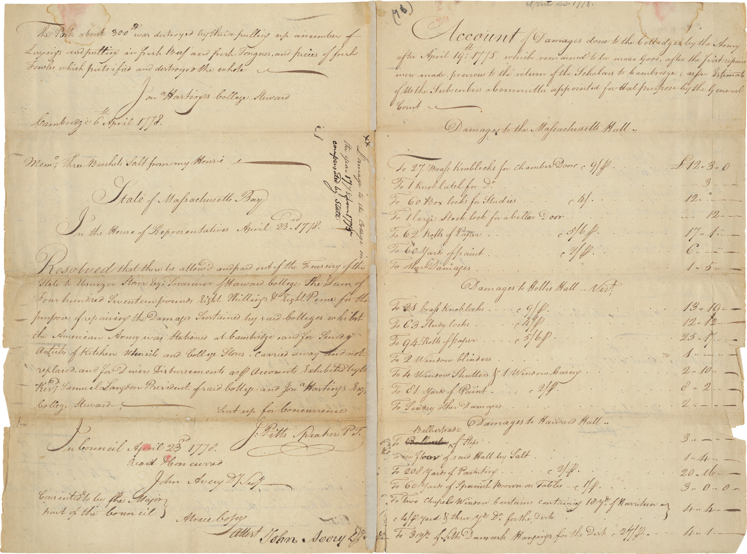 1778 letter accounting damages George Washington's army caused to Mass Hall.