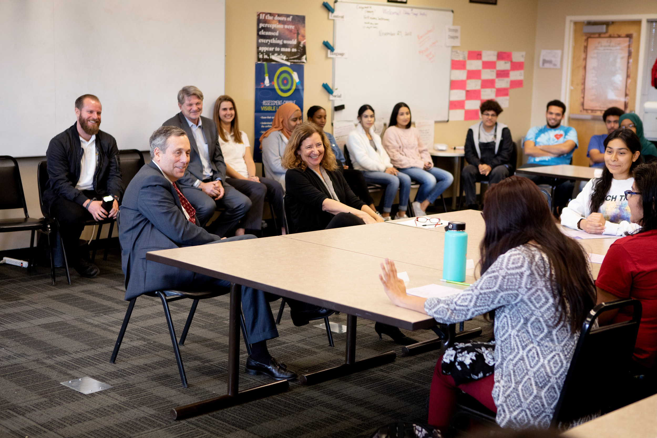 Larry Bacow and Elisa New visit Health Science High and Middle College in San Diego.