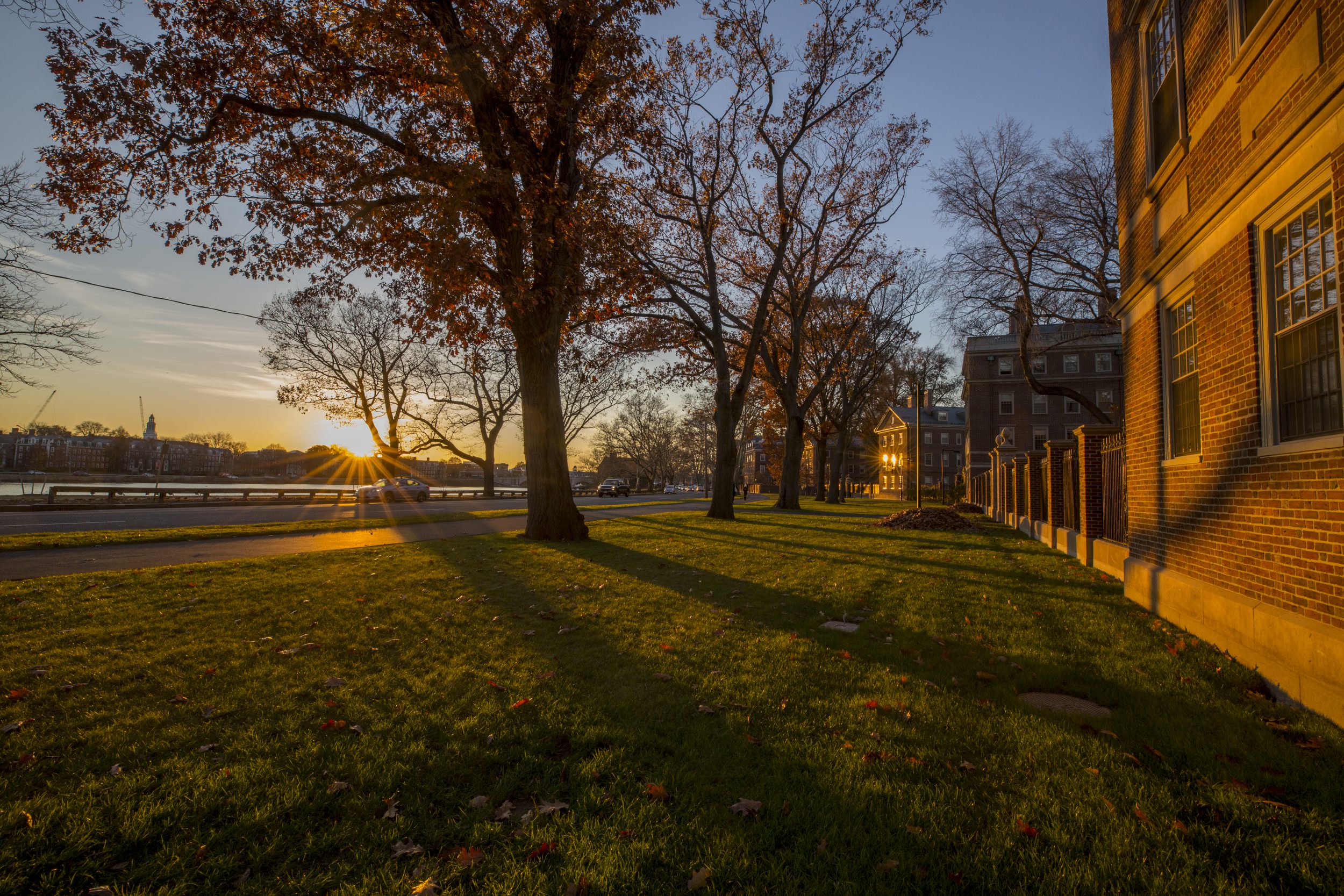 The sun rising over the Charles River