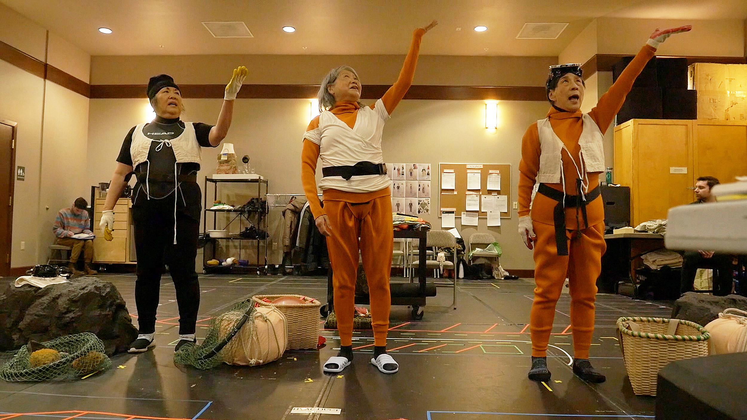 Emily Kuroda, Jo Yang, and Wai Ching Ho in rehearsal for Endlings.