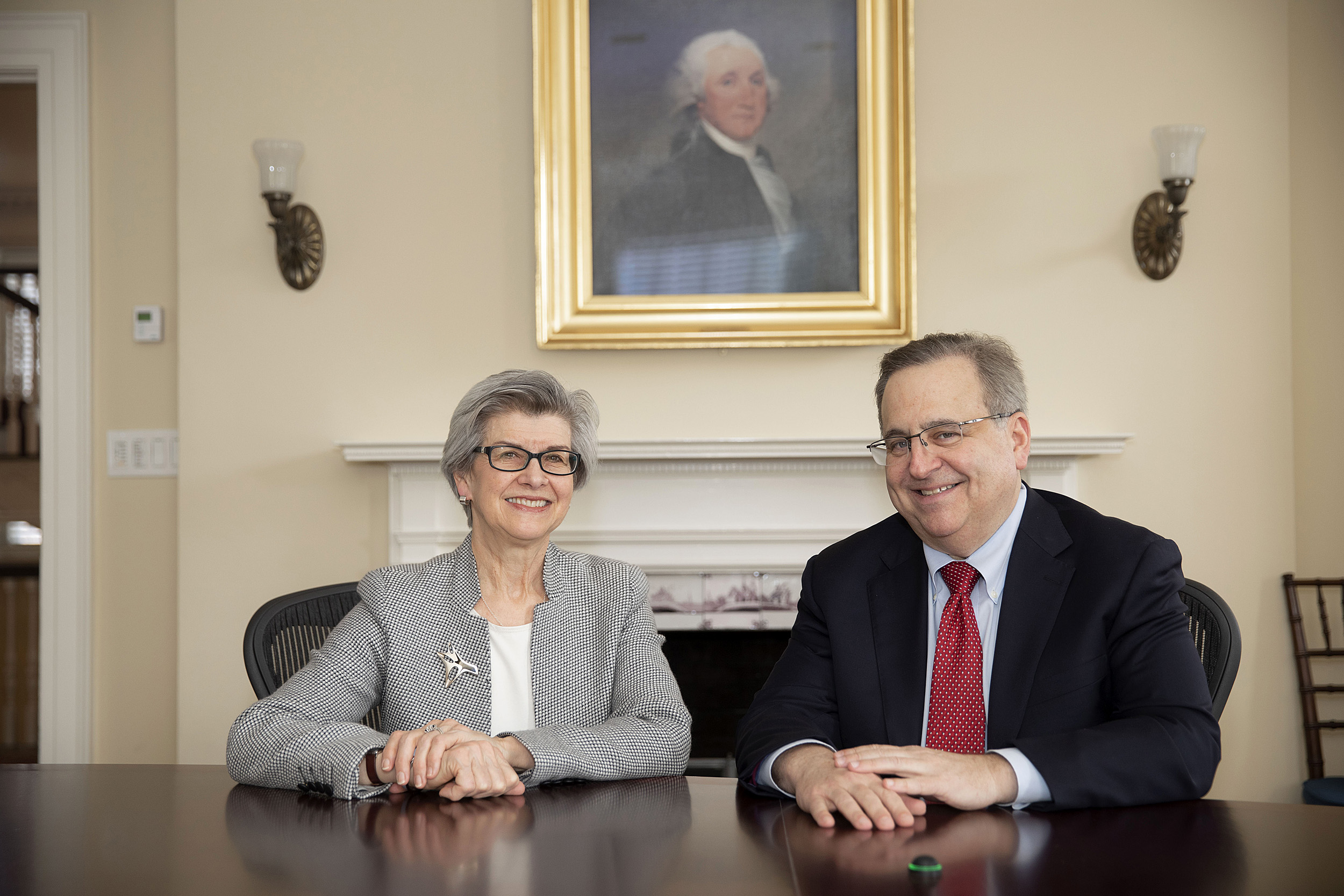 Overseers president Susan L. Carney ’73, J.D. ’77, and incoming Overseers president Michael Brown ’83, J.D. ’88