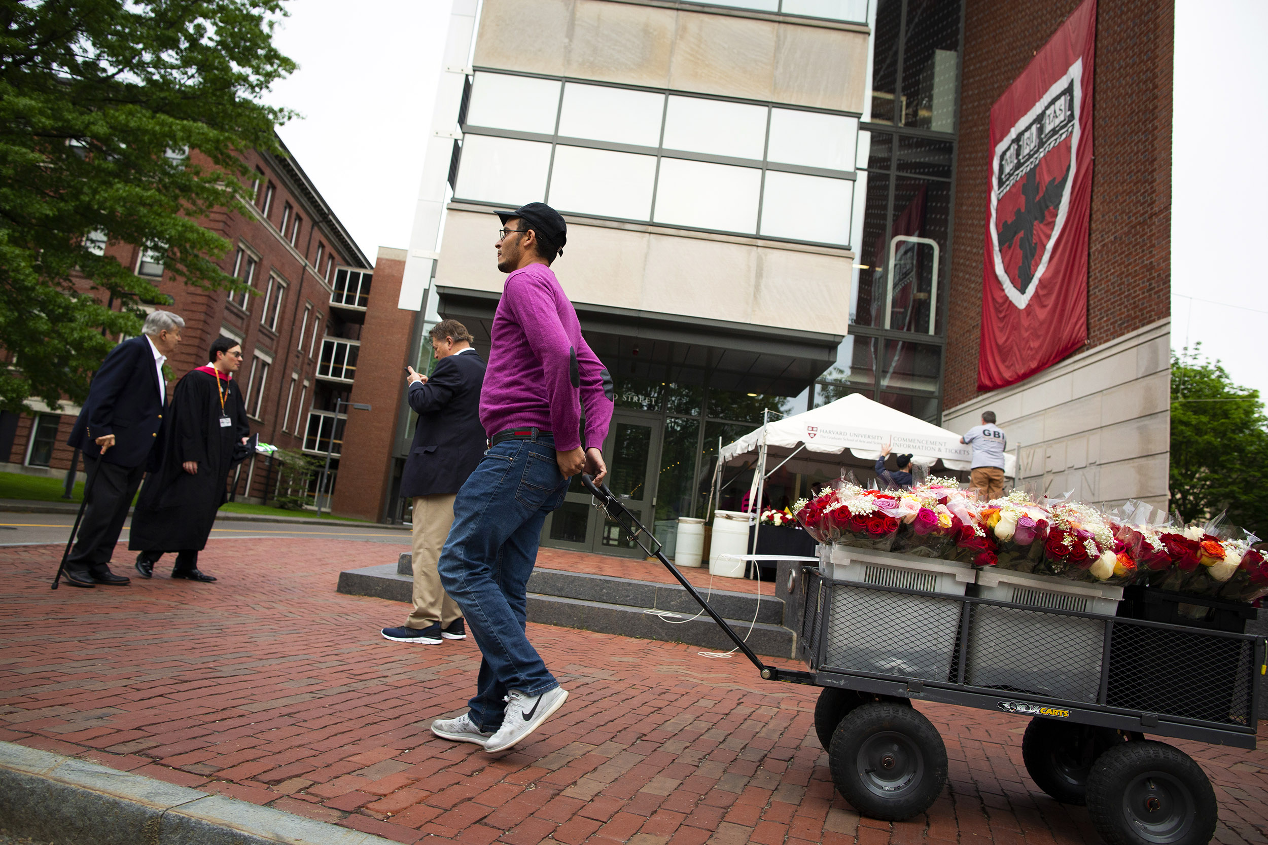 Azeddine Chetoui pulls cart of flowers to sell on Commencement morning.