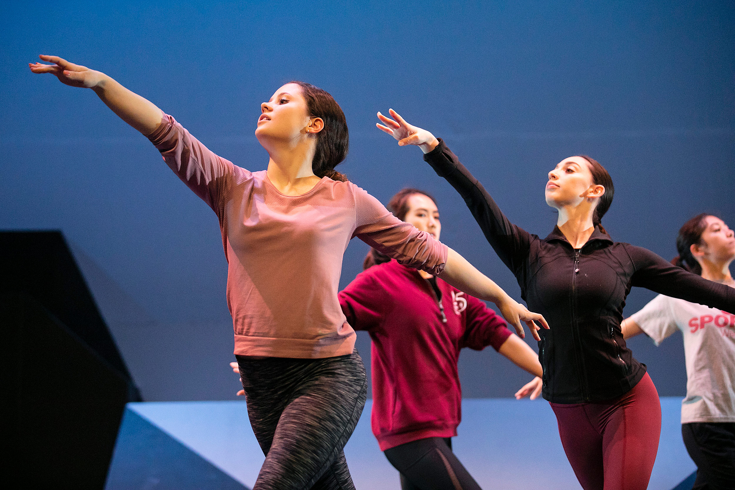 Dancers form a line raising arms.