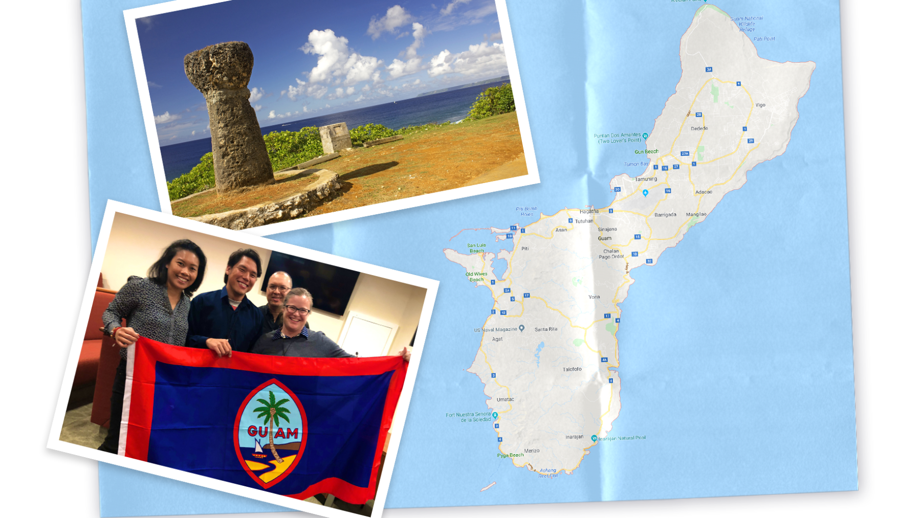 A collage with a map of Guam, a picture of a beach, and Kristin holding up the Guam flag