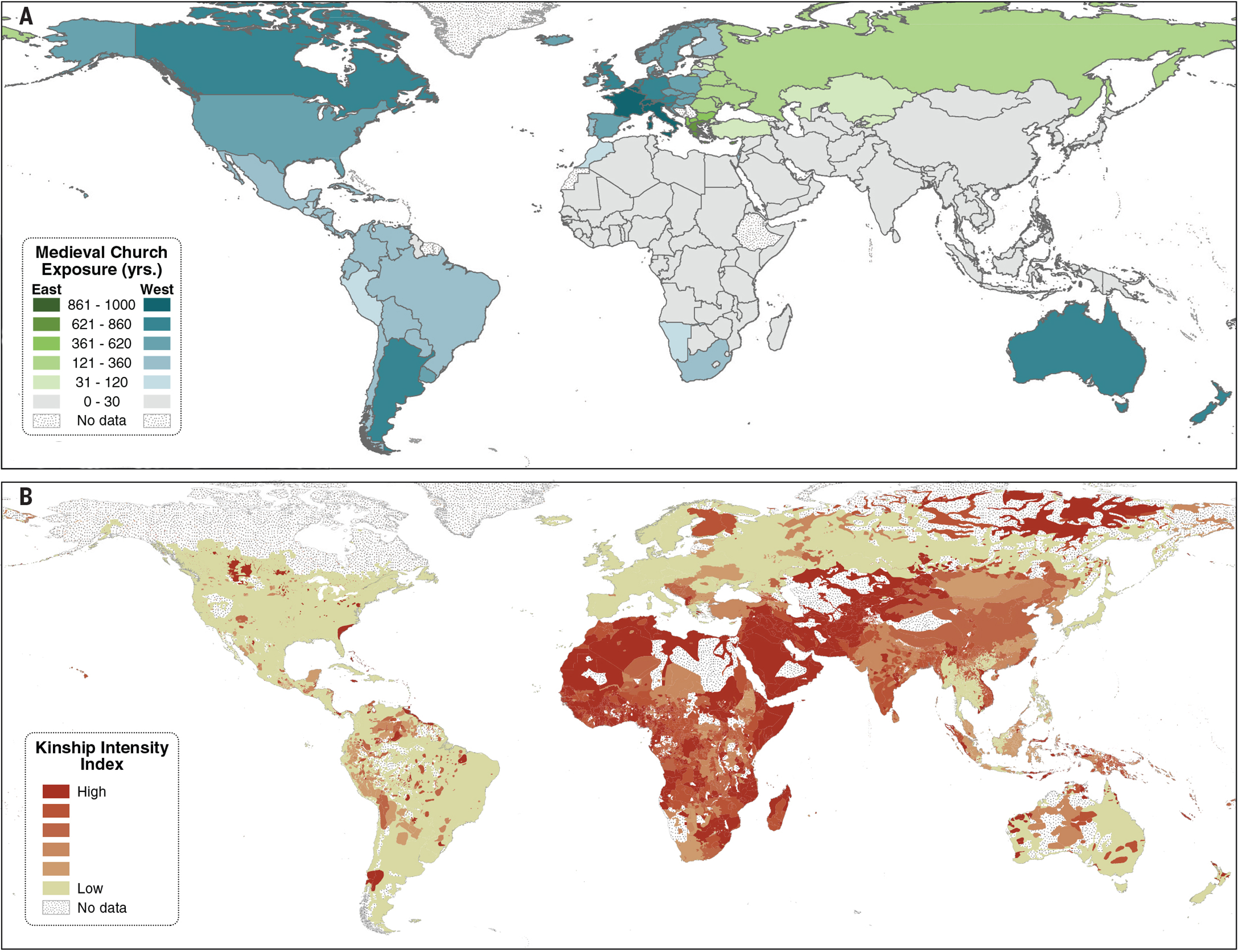 Choropleth map showing relationship between "kinship intensity" and exposure to eastern and western churches.