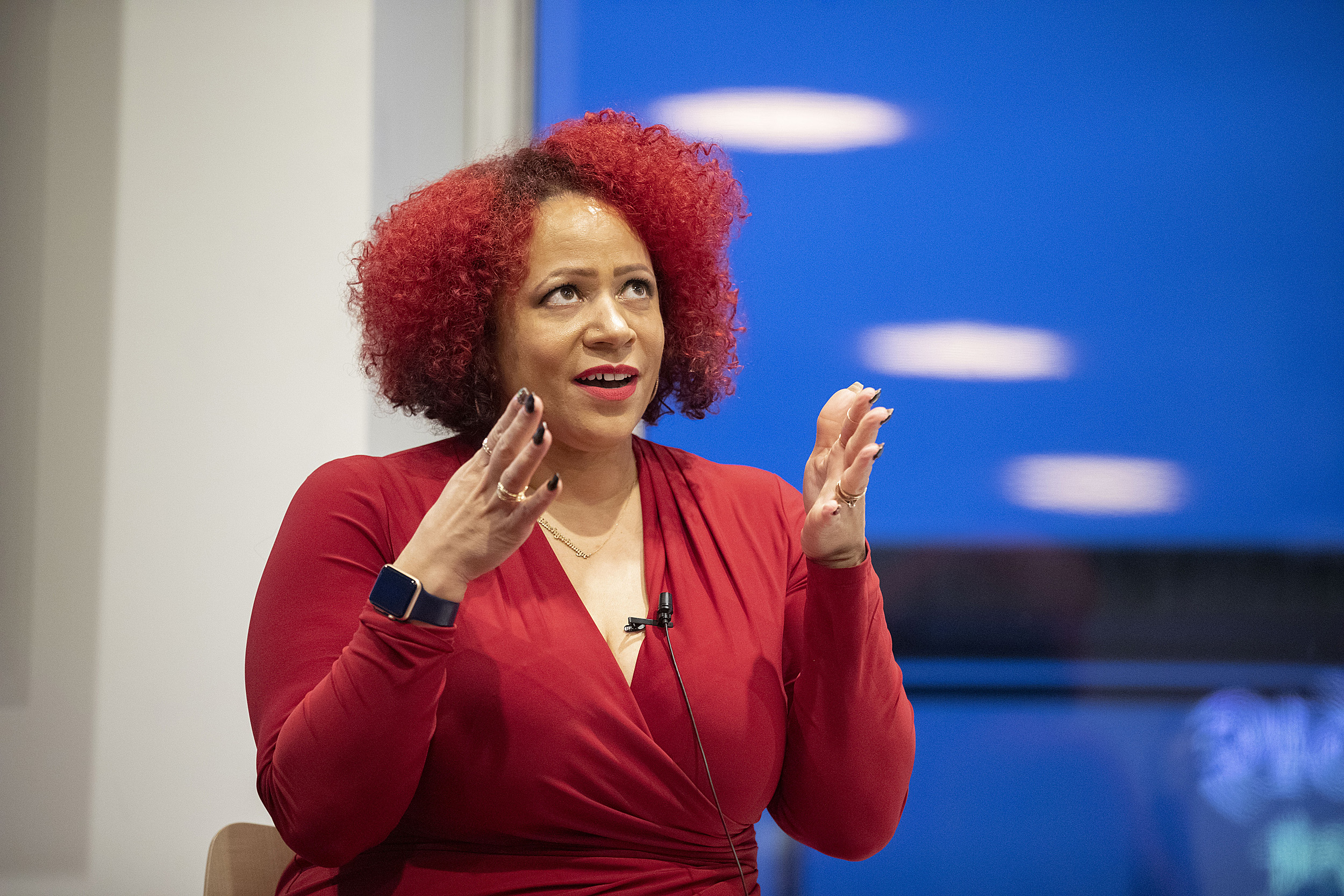 Nikole-Hannah Jones speaking to an audience at the Smith Campus Center.