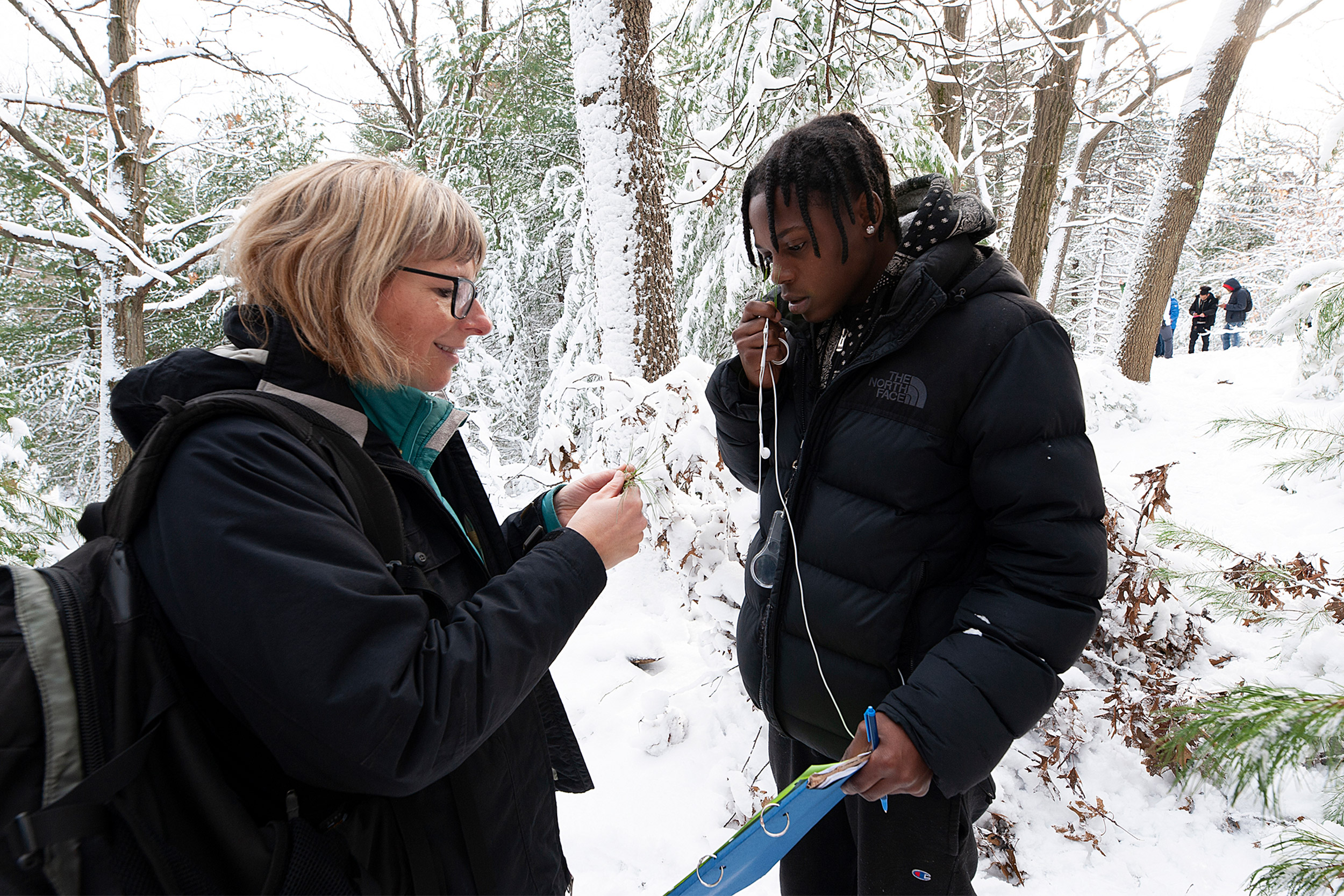 Teacher showing student pine stem.