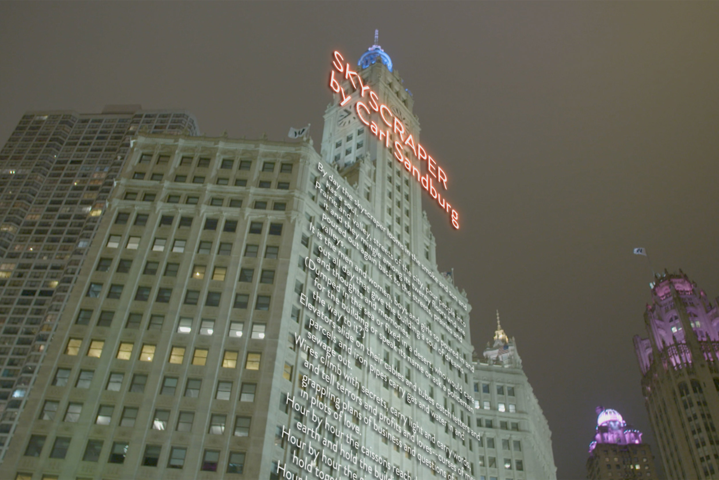 Poem projected onto a building.