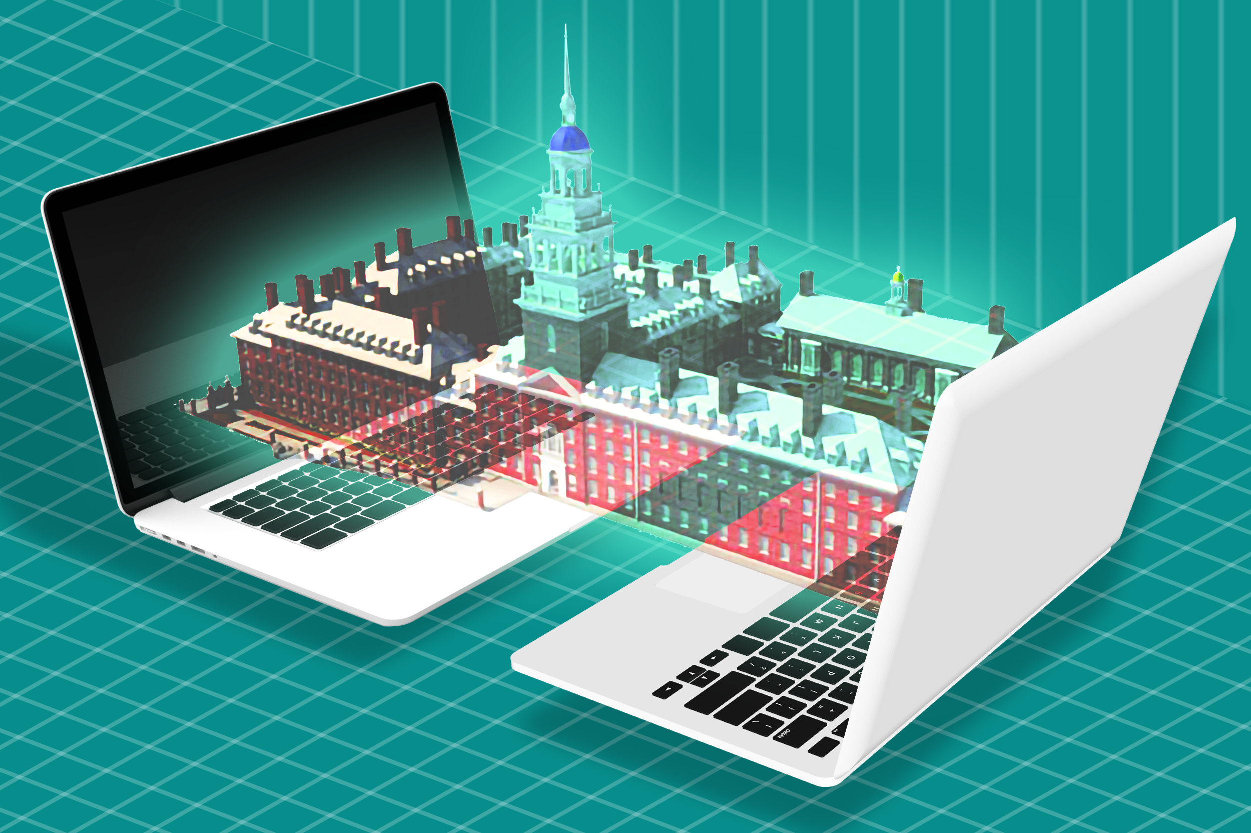 Illustration of laptops projecting 3D campus model.