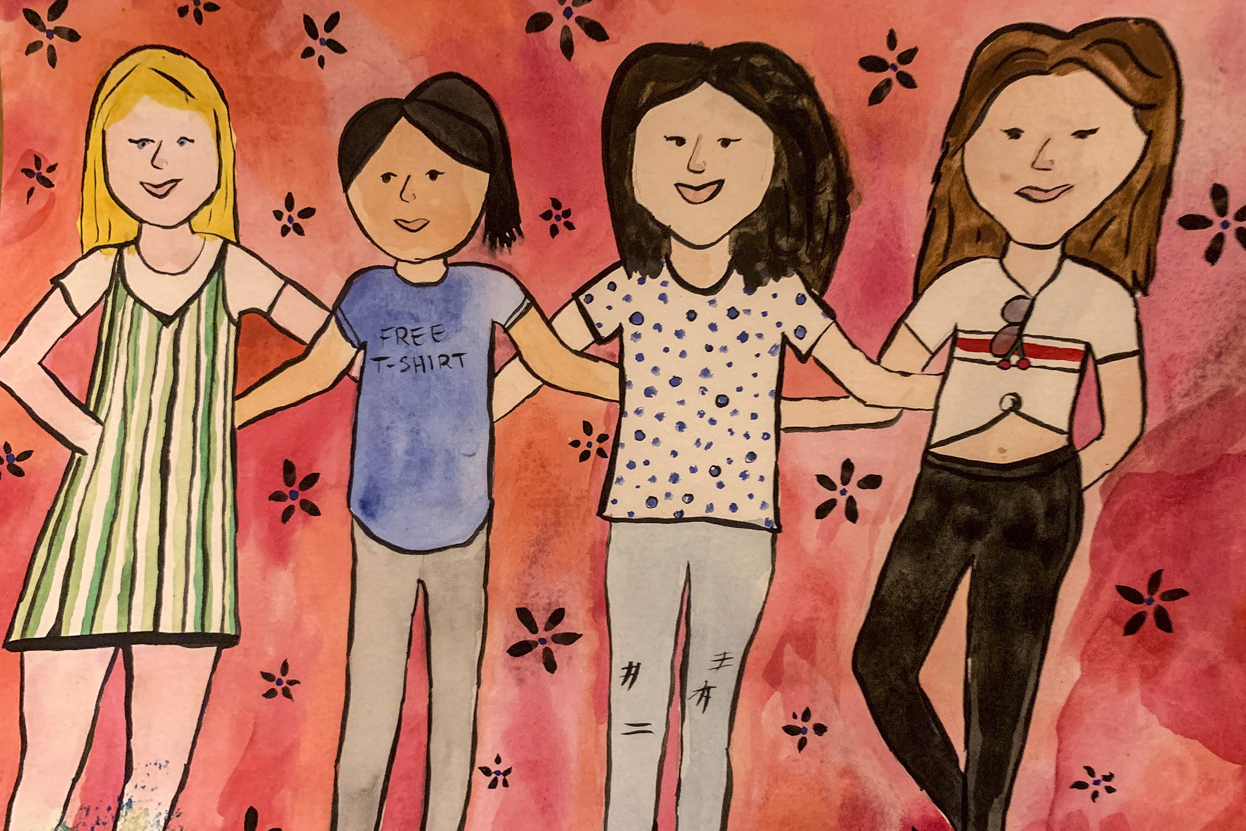 A rendering of Harvard University senior year roommates: Georgia Seidel (the artist), Rebecca Chen, Kristie Colton and Enxhi Buxheli.