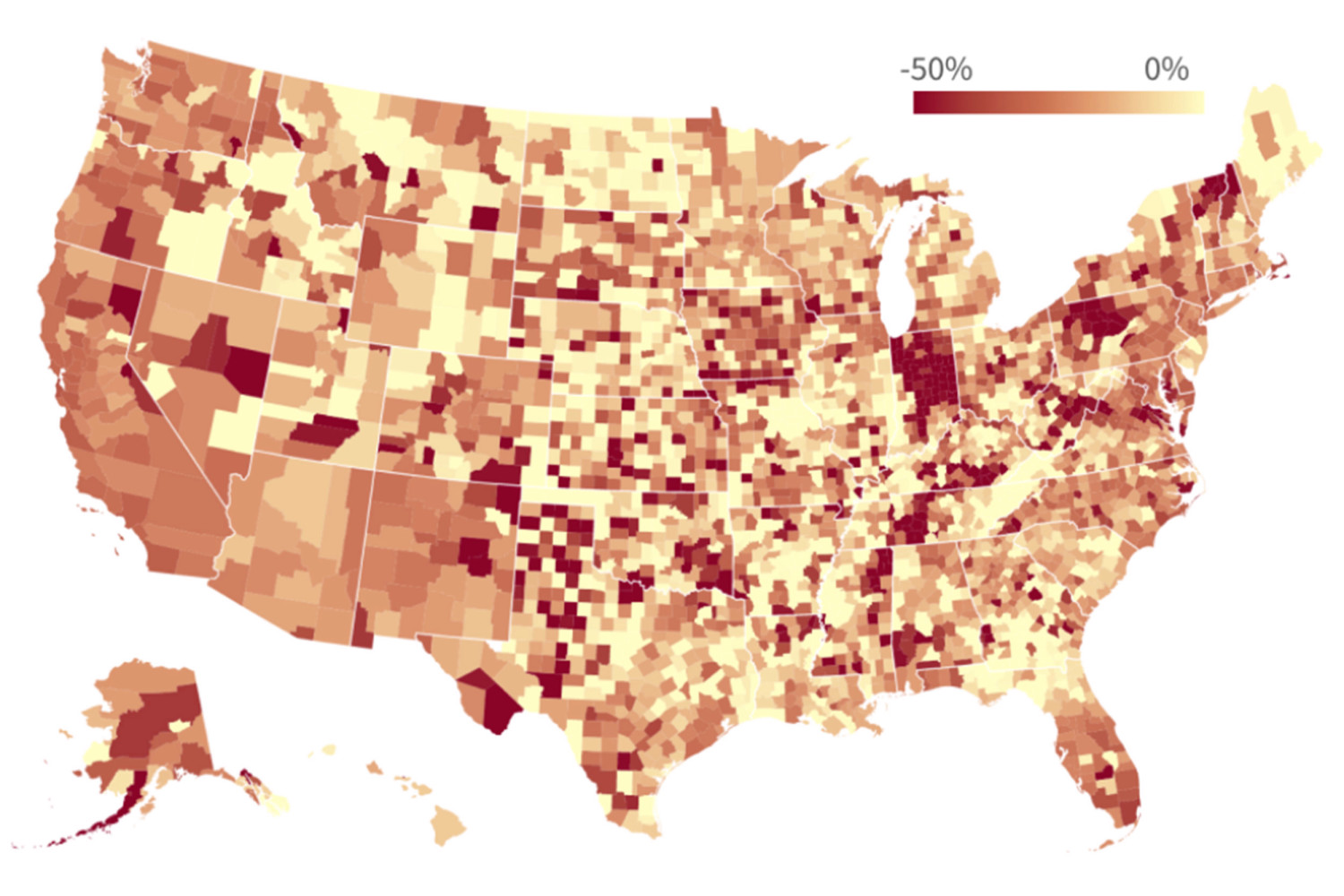 A map of the us, with changing colors based on coronavirus outbreaks