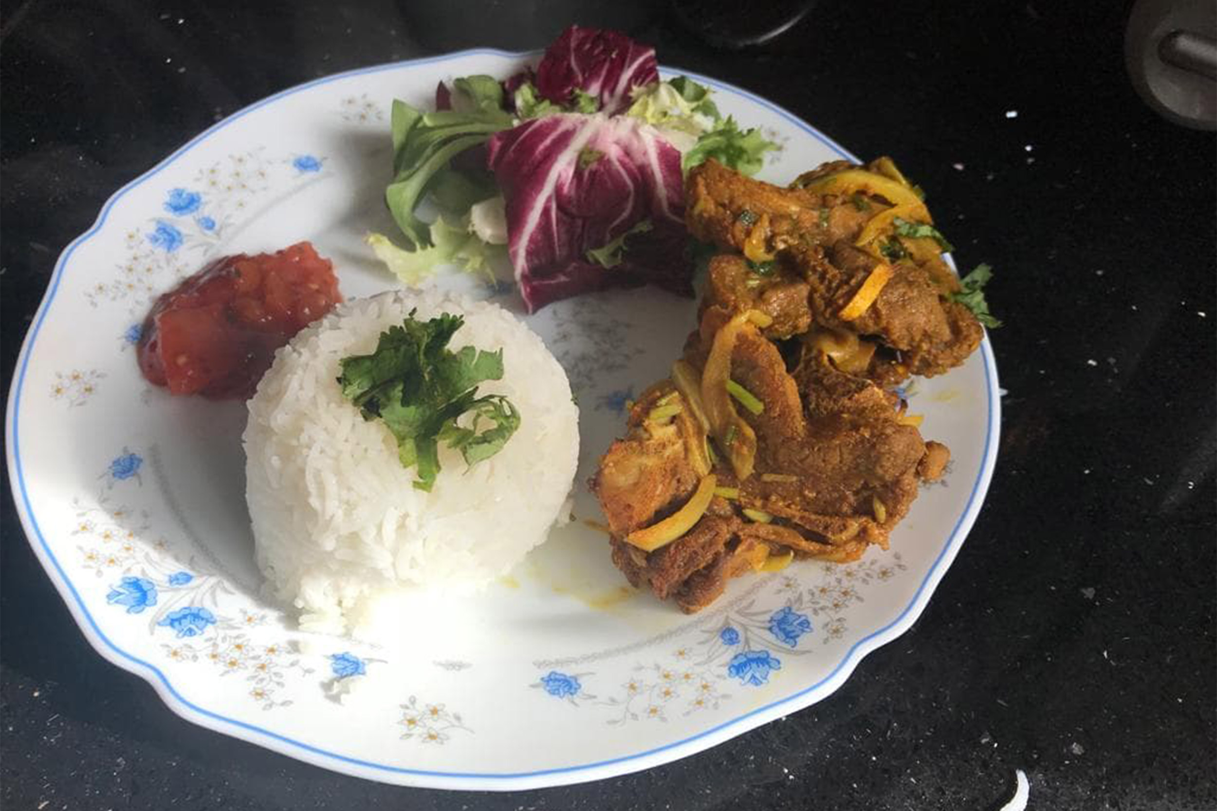 Plate of chicken curry and rice.