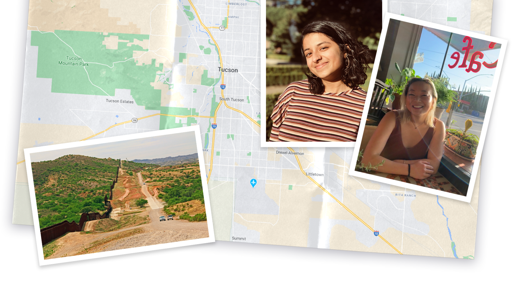 Collage of map and images of Arizona and photo of Vivekae Kim and Meena Venkataramanan