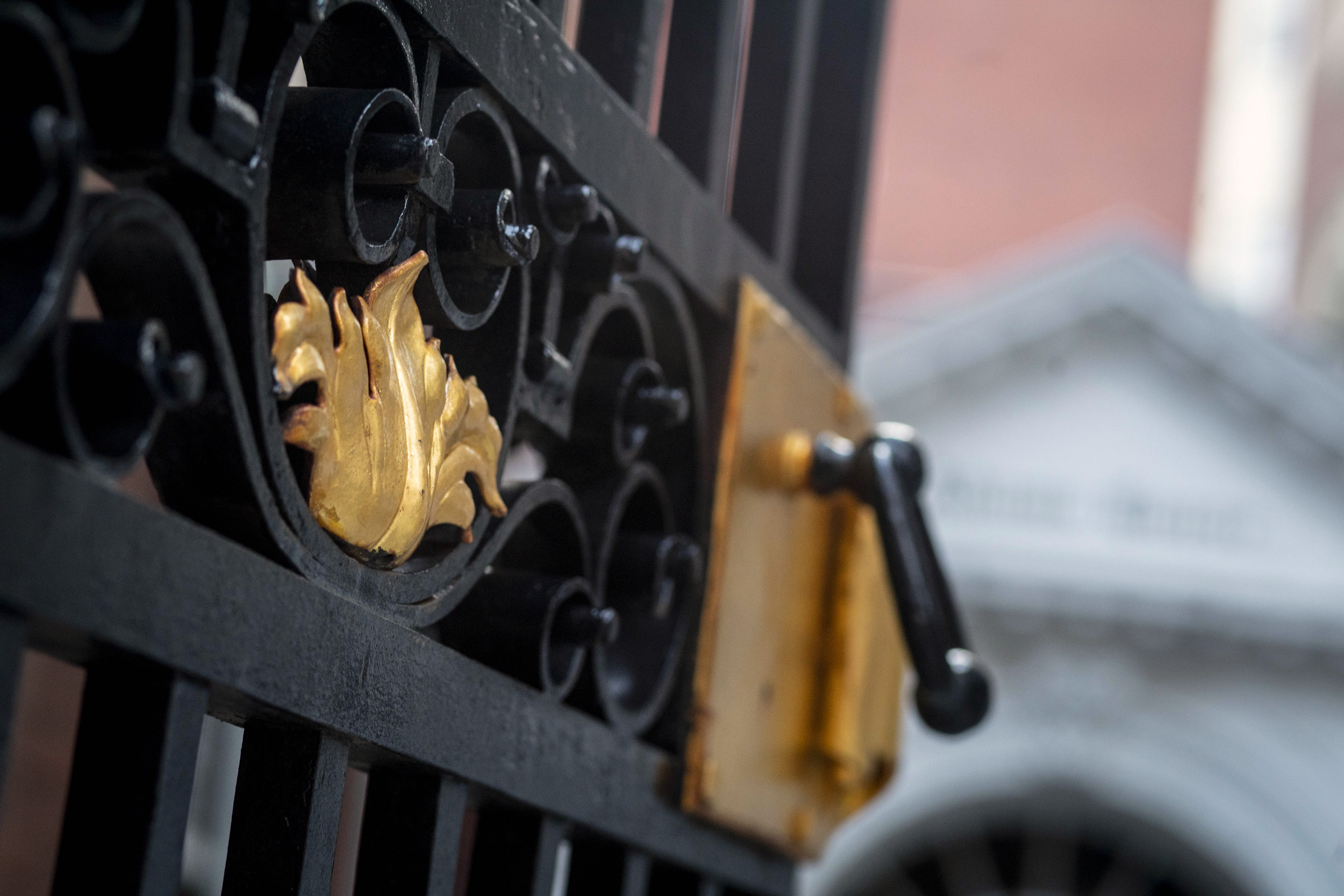 Golden gate clasp Is pictured up close on the entrance of Adams.