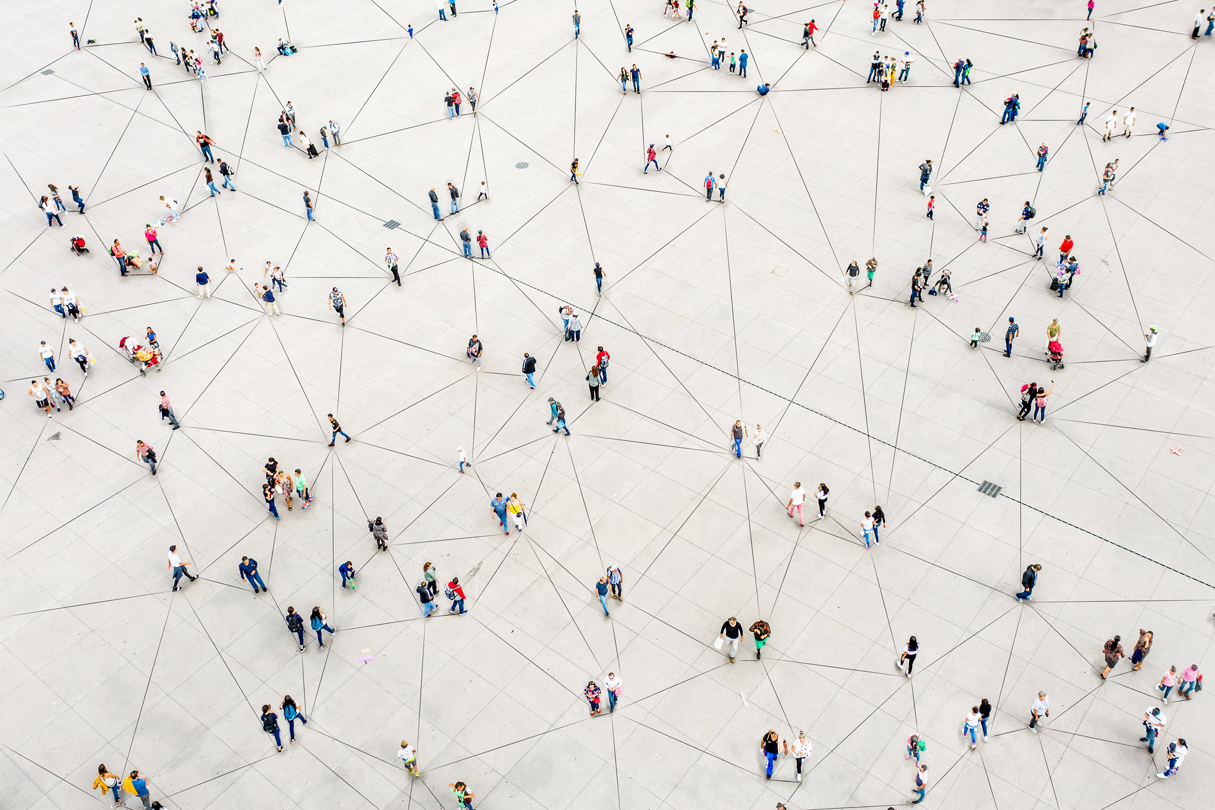 Aerial view of crowd connected by lines.