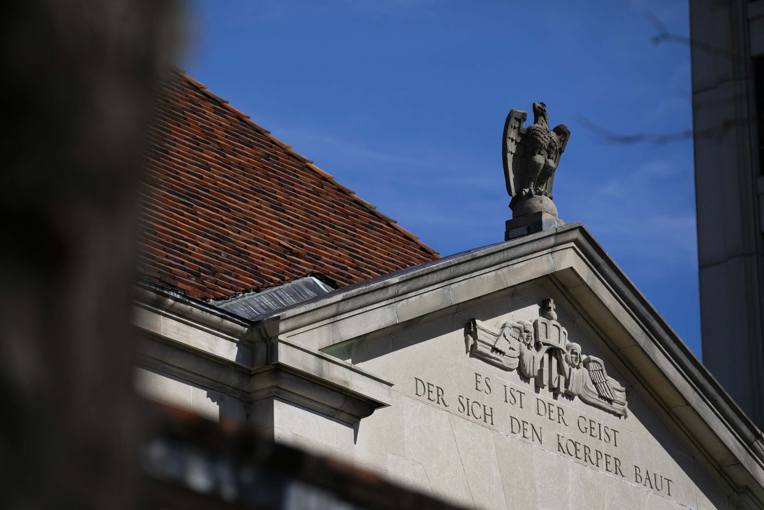 An eagle adorns Adolphus Busch Hall.