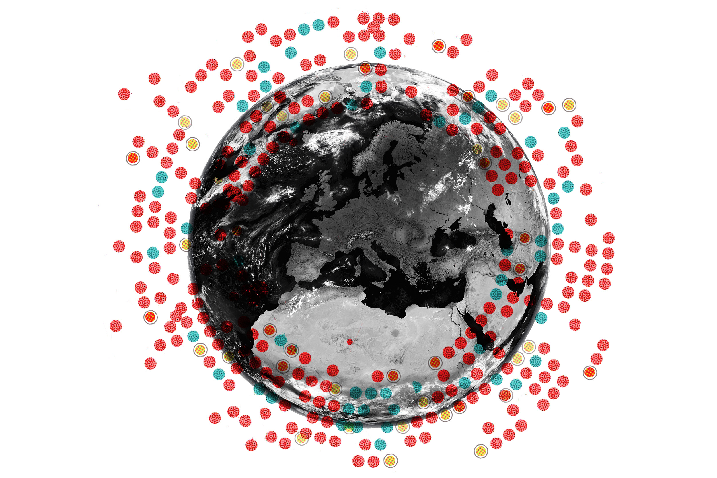 Illustration of blood types and the world.