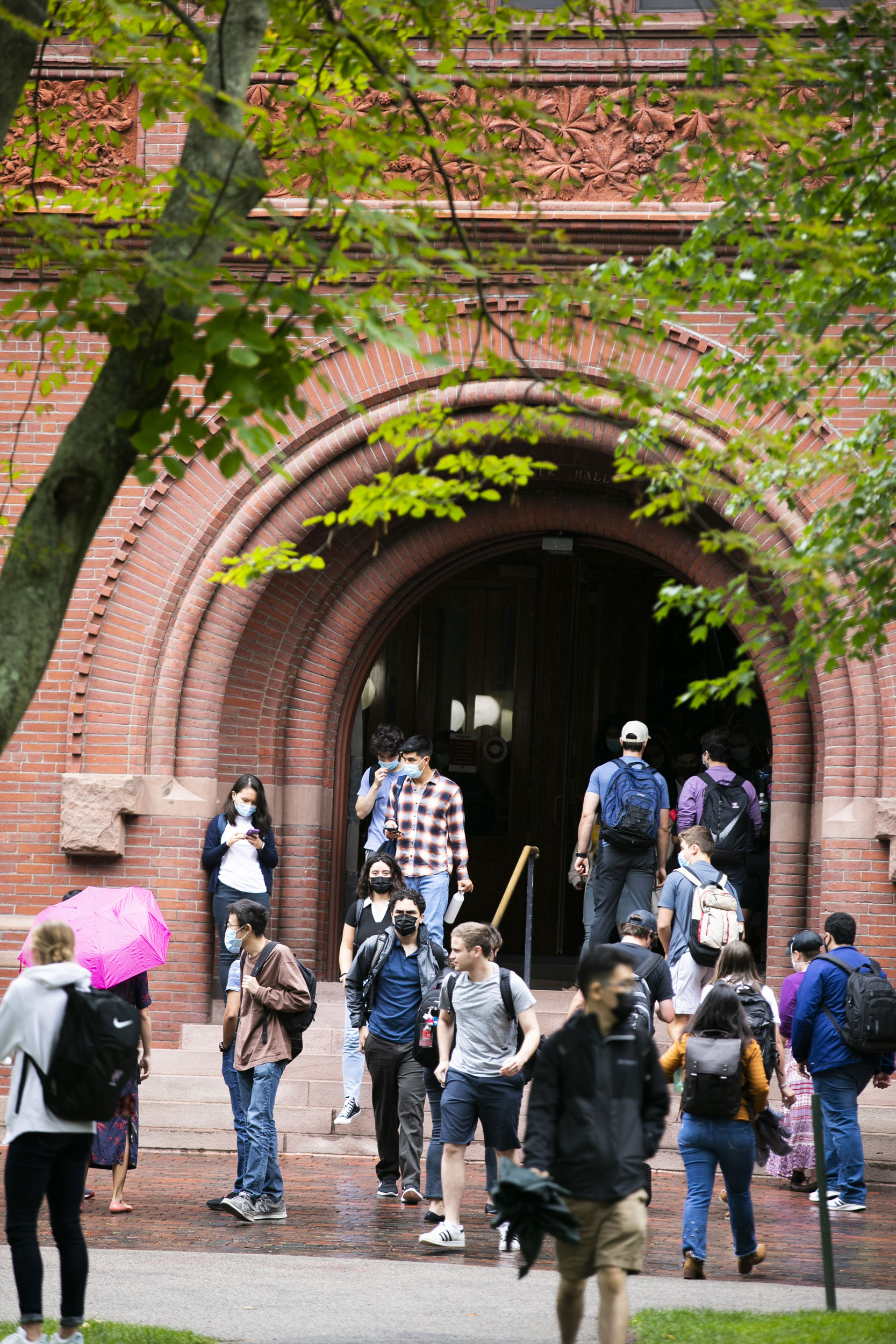 Students pictured outside Sever Hall.