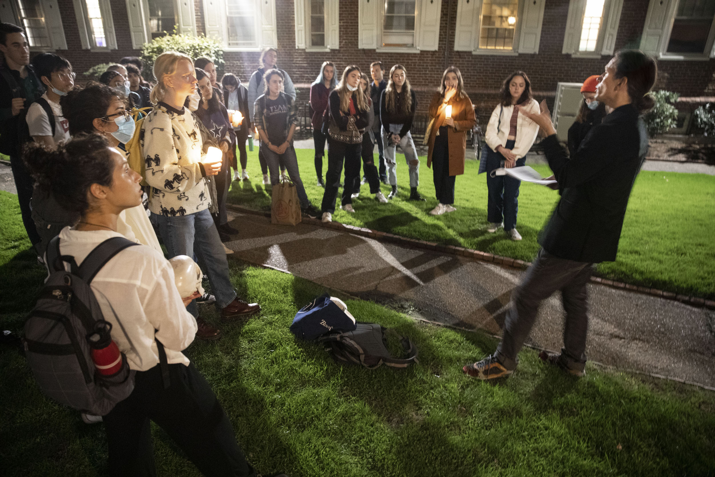 Supernatural Storytelling students meeting at night.