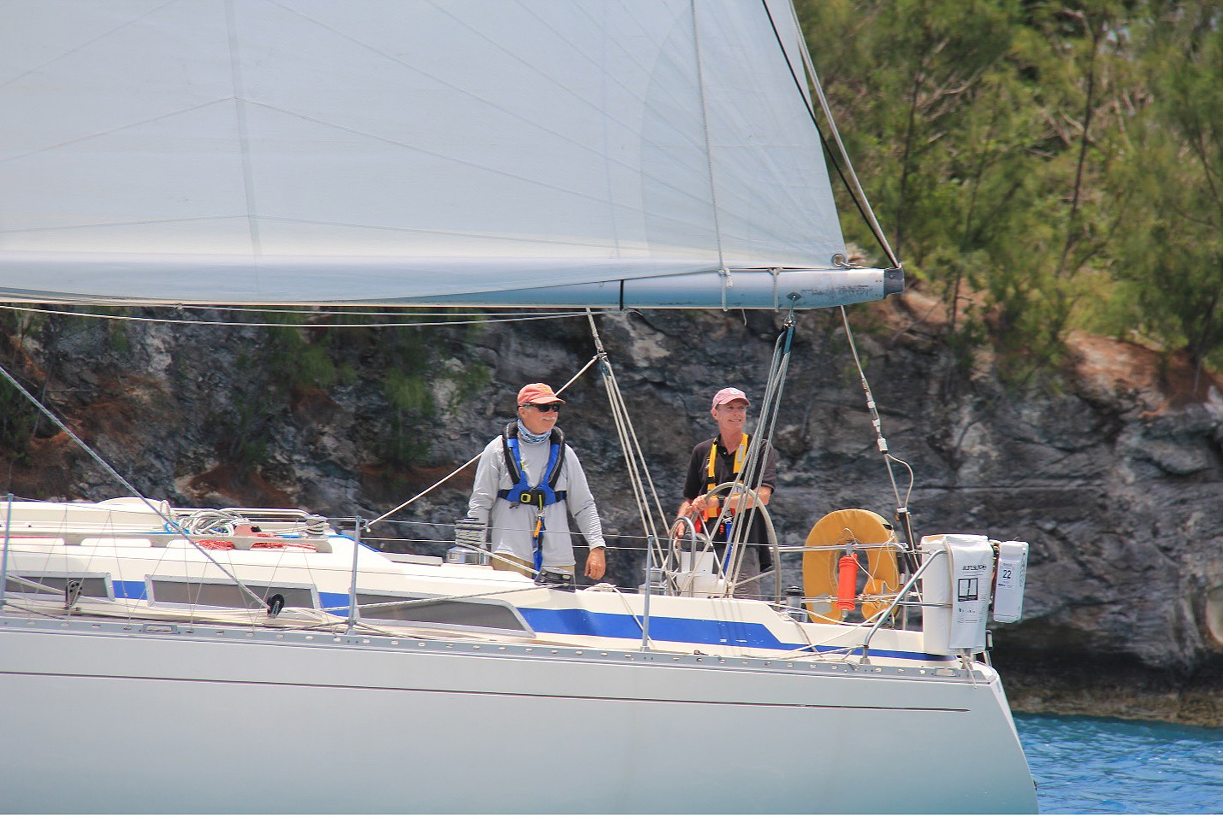 Two men sailing.