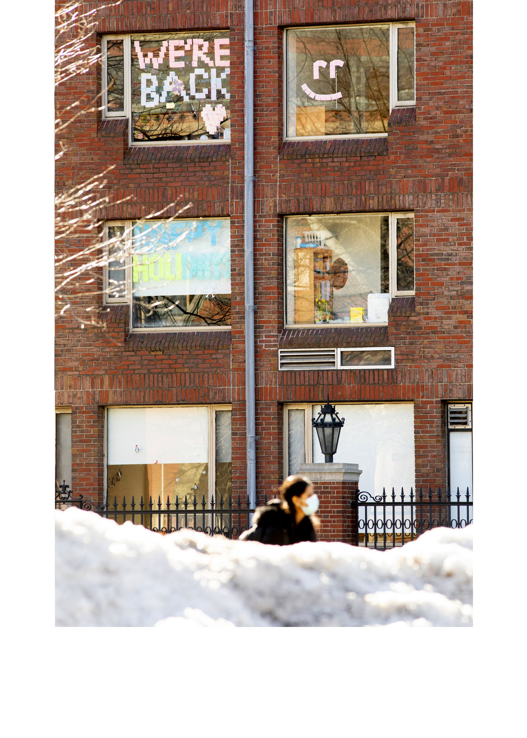 A window display in Canaday Hall celebrates the return of Harvard students on campus.